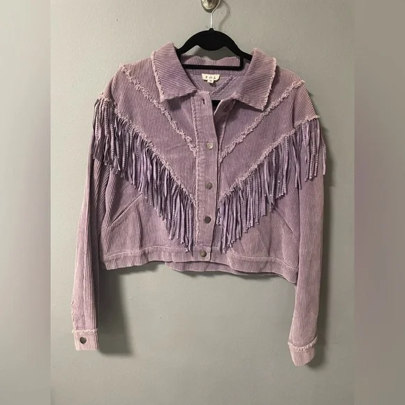NWOT POL Corduroy Rhinestones Fringe Long Sleeve Purple Jacket. Size Small - Picture 2 of 9